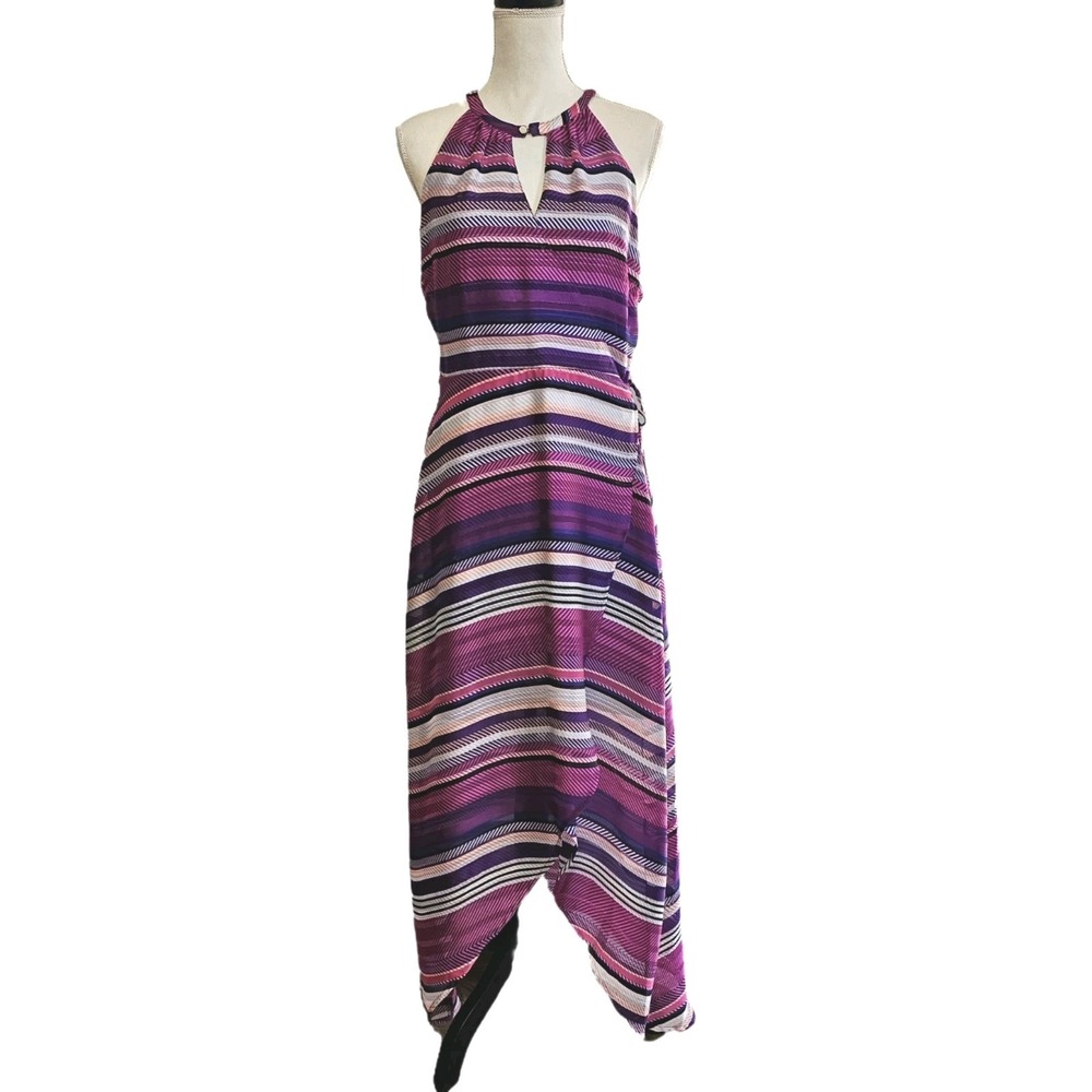 NWT Thalia Sodi Pink Purple Metallic Stripe Hi Low Faux Wrap Maxi Dress Size L